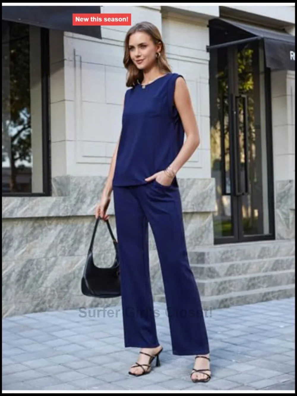 2 Piece Lounge Set with Pockets Sleeveless Top Straight Leg Pants